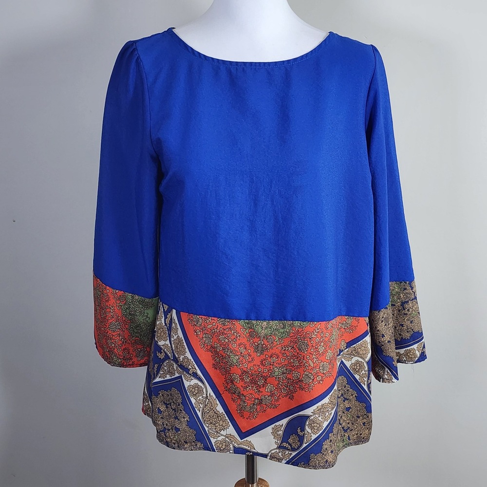 Trinity Blouse Womens Small Blue Mixed Media Paisley Boho Lightweight Flowy Chic